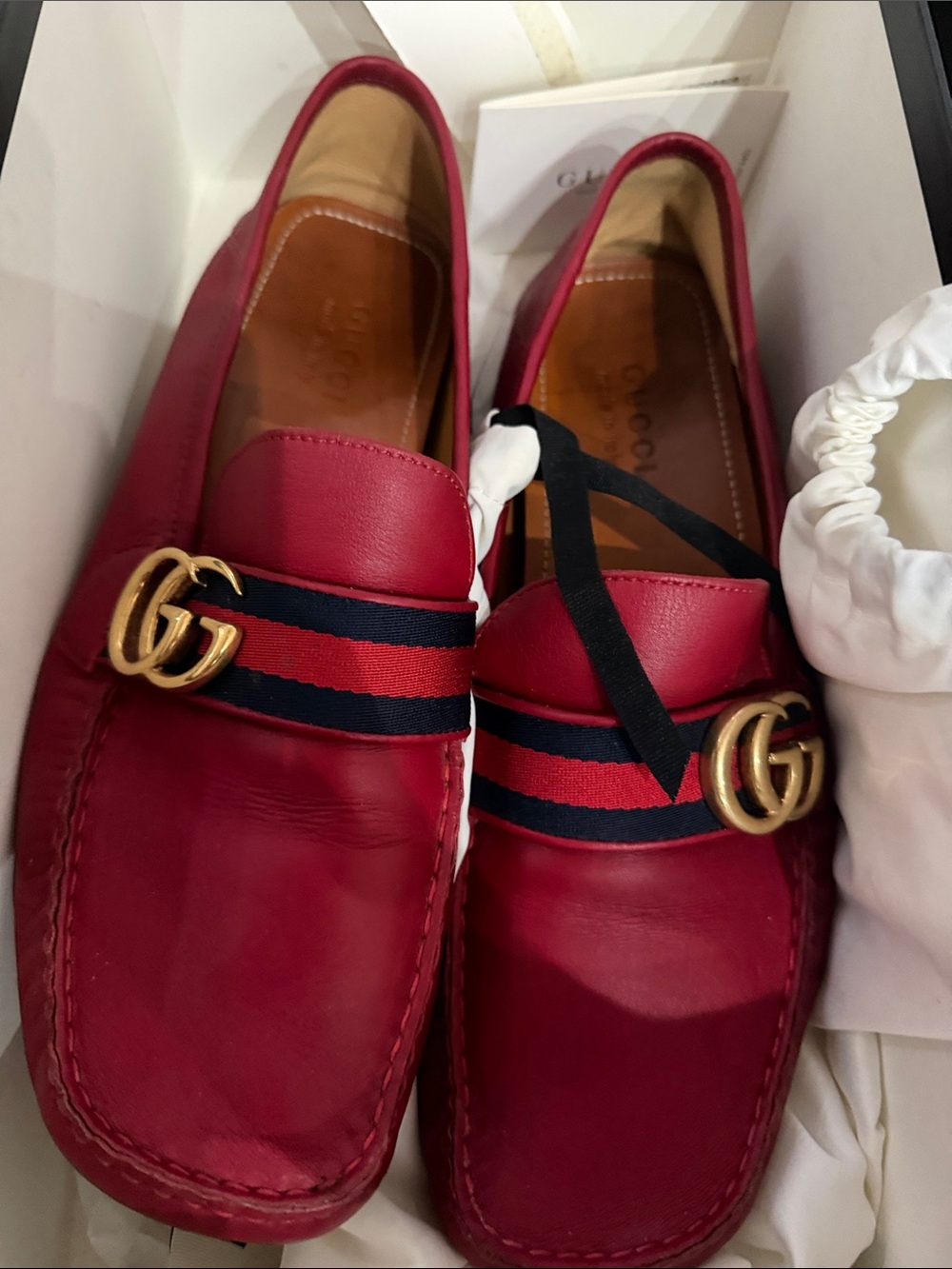 Gucci Red Leather Men's Loafers with Navy/Red Web and Gold Double G